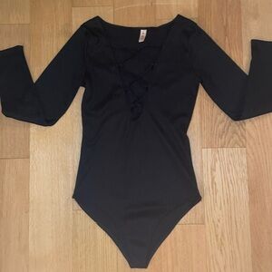 Black Ribbed Criss Cross Bodysuit